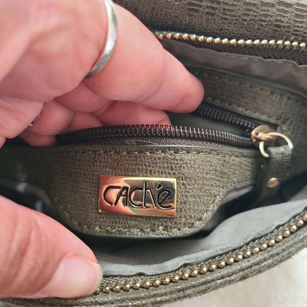 LIKE NEW CACHE Olive Green Faux Suede Crossbody with Studded Gem Detail & Fringe - Picture 8 of 10